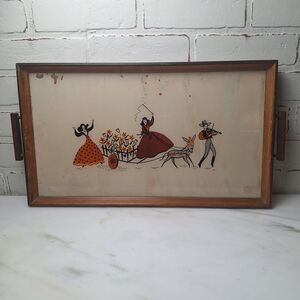 Vintage Mexican Reverse Painted Glass Wood Tray.  Does Have Flaws.